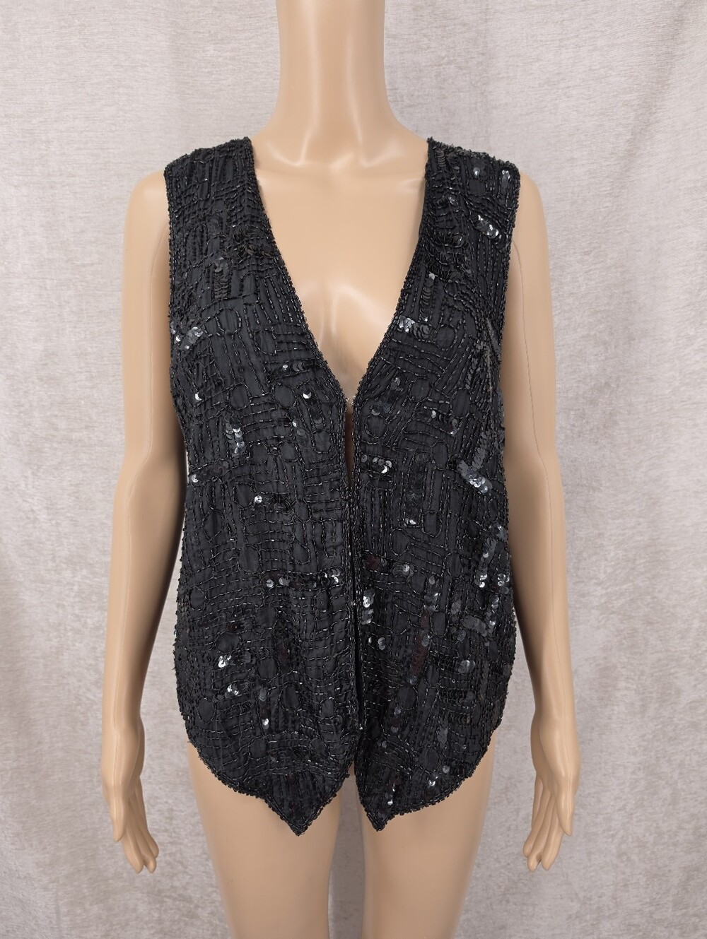 Silk Vintage Black Sequin Beaded V-Neck Vest